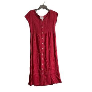 Vtg Studio Ease 10P Linen Midi Dress Red Button Front Cottagecore 90's